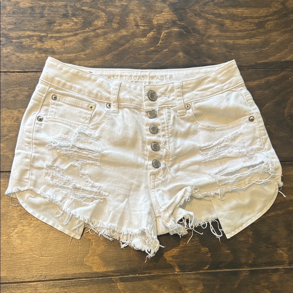 American Eagle Outfitters White Distressed Button-Fly Denim Shorts